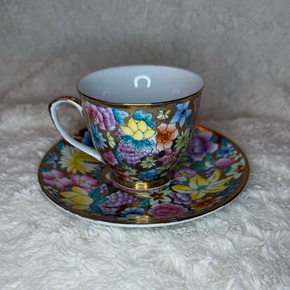 Vintage Fifth Avenue Collection Gold Floral Teacup & Saucer #37 Rare Handmade